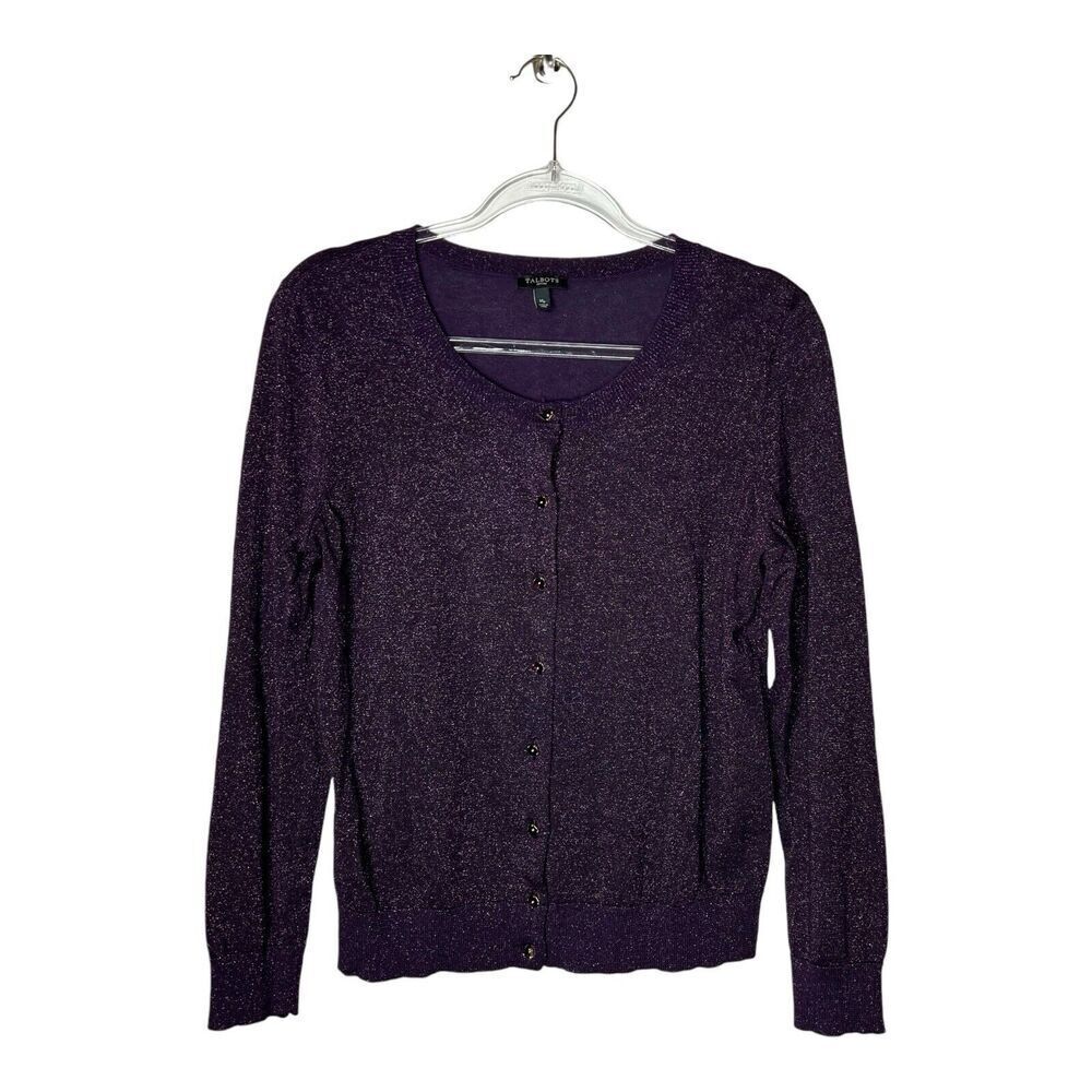 Talbots Sweater Womens Petite Medium Cardigan Metallic‎ Purple Cotton Blend Knit